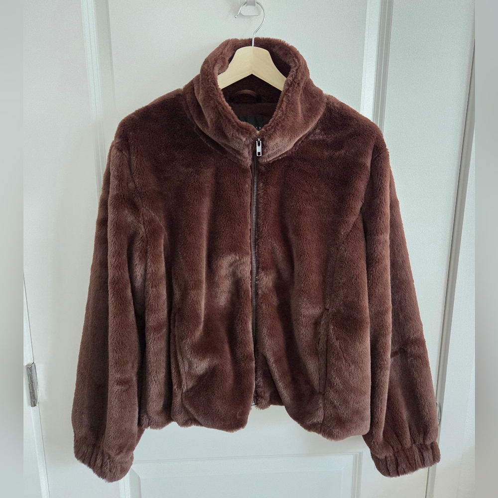 NEW Sanctuary Brown Faux Fur Coat, Bomber Jacket, Size Large